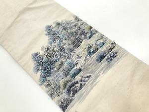 リサイクル　作家物　手織り紬流水・樹木風景模様名古屋帯